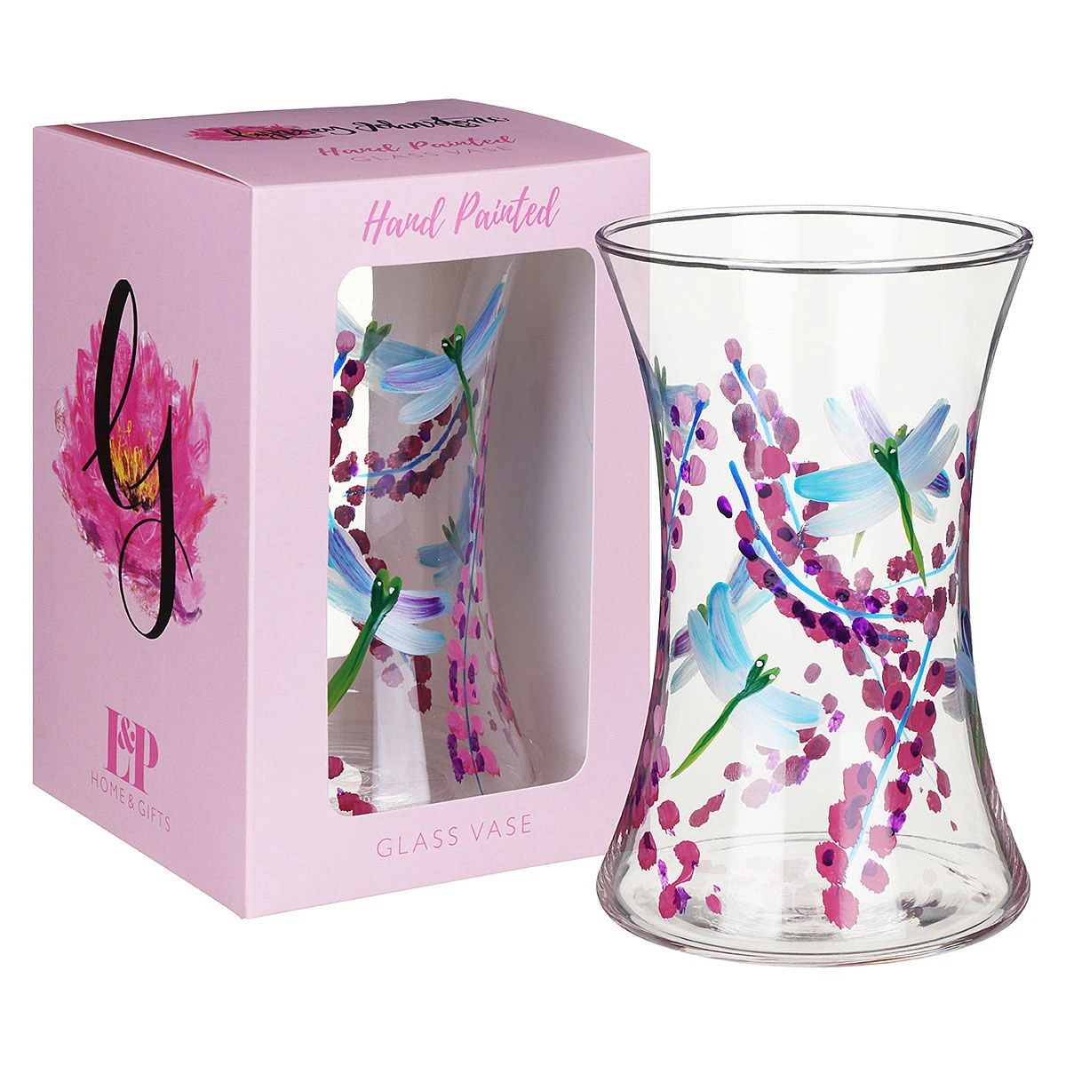 Lynsey Johnstone Hand Painted Dragonfly With Pink Flowers Hourglass Vase 3 Lynsey Johnstone Hand Painted Dragonfly With Pink Flowers Hourglass Vase