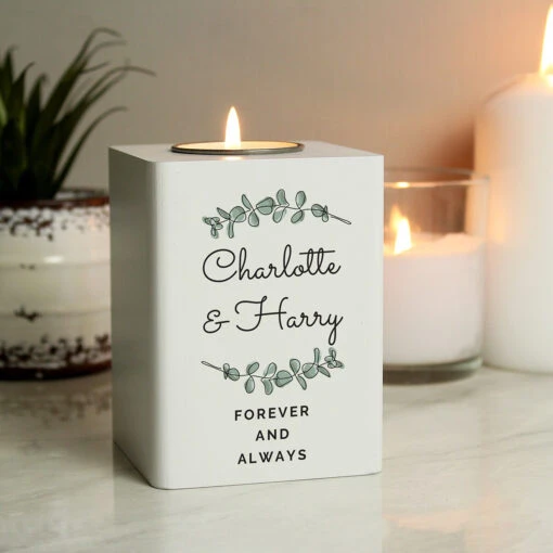 Personalised Botanical White Wooden Tealight Holder -Campusgifts Shop p1011f34