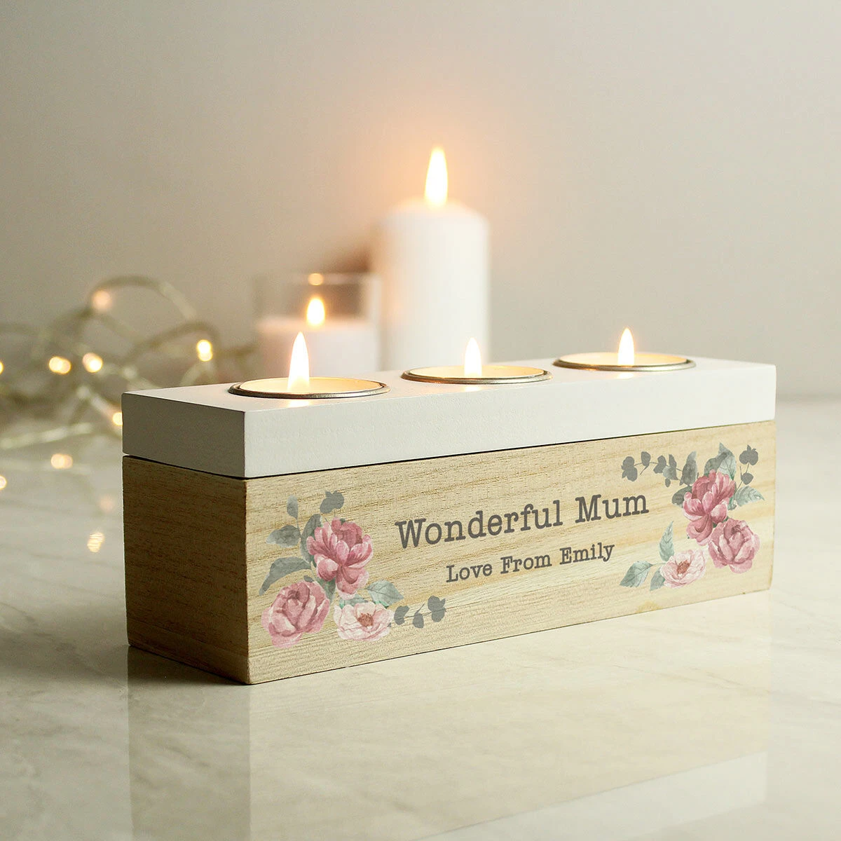 Personalised Floral Watercolour Triple Tealight Holder 3 Personalised Floral Watercolour Triple Tealight Holder
