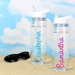Personalised Island Water Bottle With Blue Text -Campusgifts Shop peronalised memento company p103212 blue island water bottles