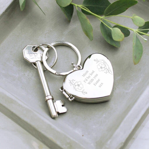 Personalised Floral Heart Photo Frame Keyring -Campusgifts Shop pmc personalised p0102z25 floral heart poto frame keyring 01